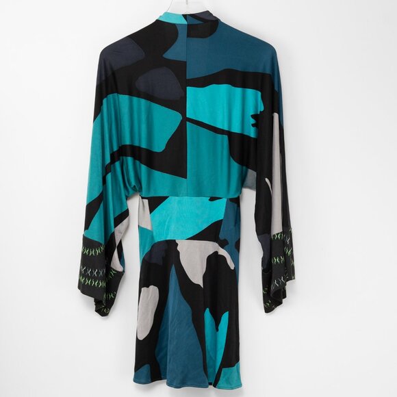 Issa London 100% Silk Dress A-Line Kimono Mini Deep V-Neck Blue Grey Size 10 New - Picture 2 of 10